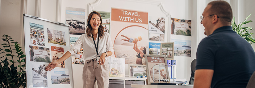Travel Agent owner with customer