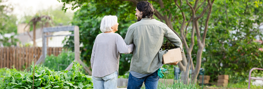 son and mother in the garden