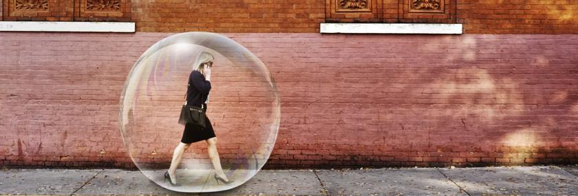 Women walking down the street in a bubble