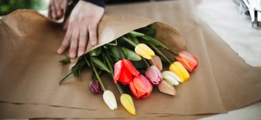 Man wrapping up tulips