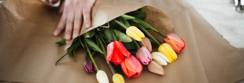 Man wrapping up tulips