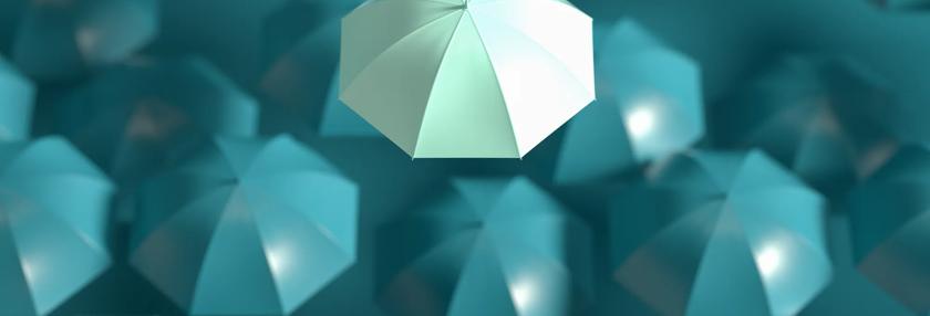 One umbrella standing out against others